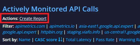Actively Monitored API Calls header with the Create Report action highlighted above the domain filters
