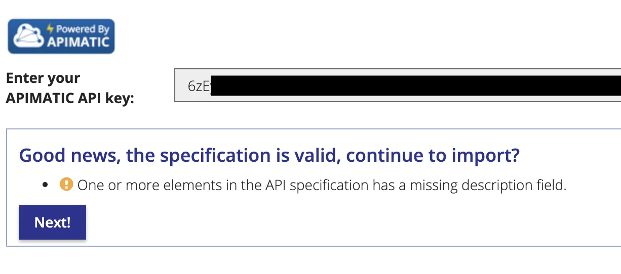 Importer validation result confirming the specification is valid, with a missing description warning and a Next button