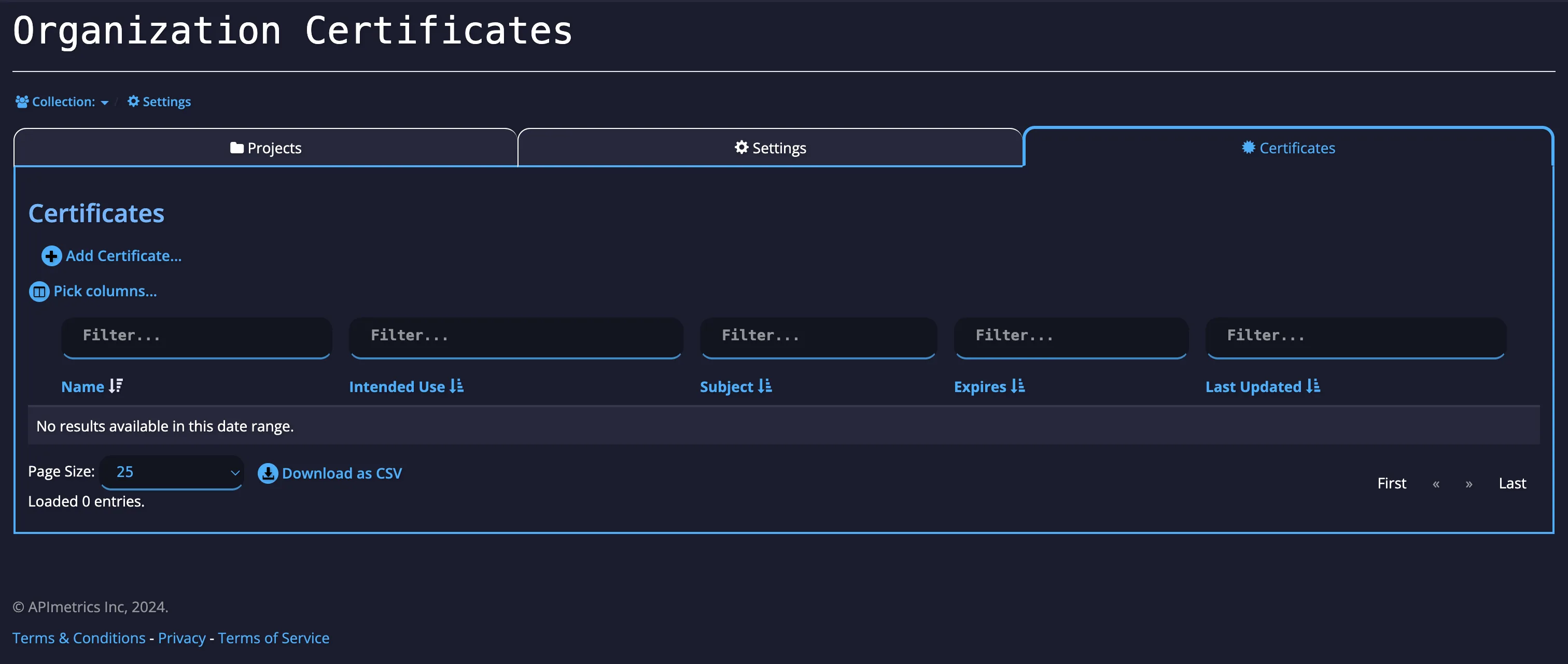 Organization Settings Configuration page for uploading certificates to use across all projects