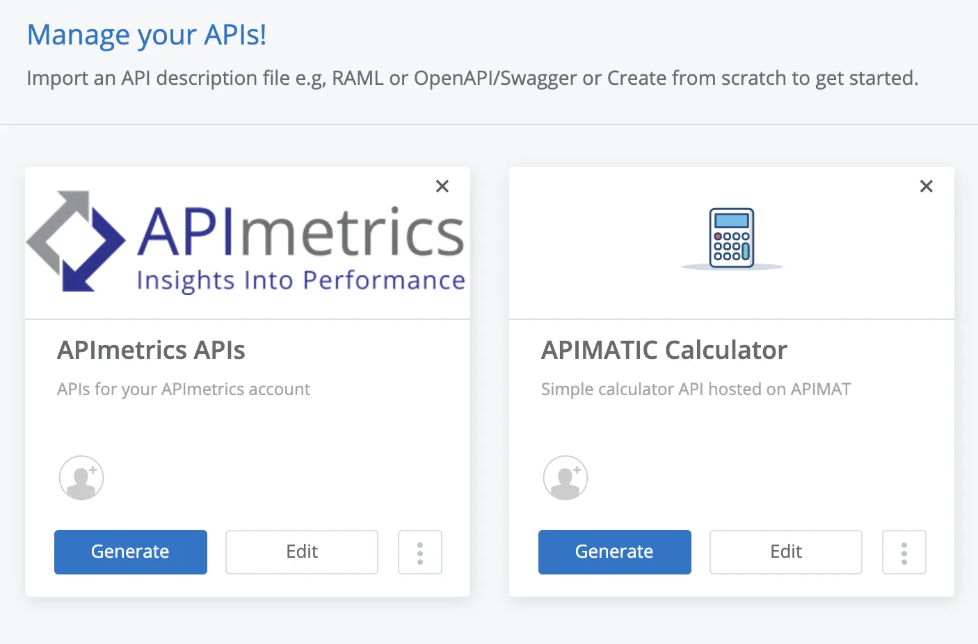 APIMATIC dashboard showing API cards such as APImetrics APIs and APIMATIC Calculator with Generate and Edit buttons