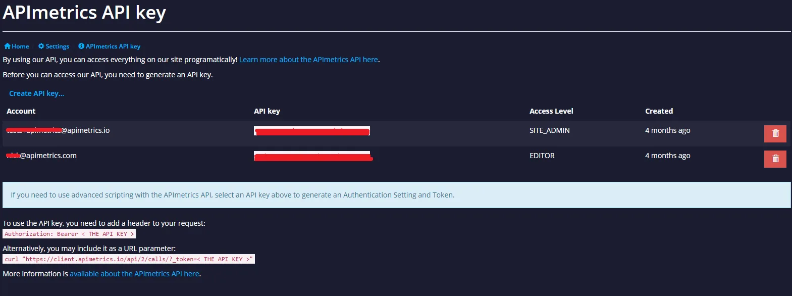 APImetrics API key page listing account keys, access levels, and Authorization header usage
