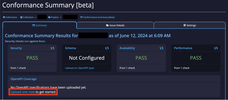 Conformance Summary beta page prompting to upload an OpenAPI spec, with Schema check not configured