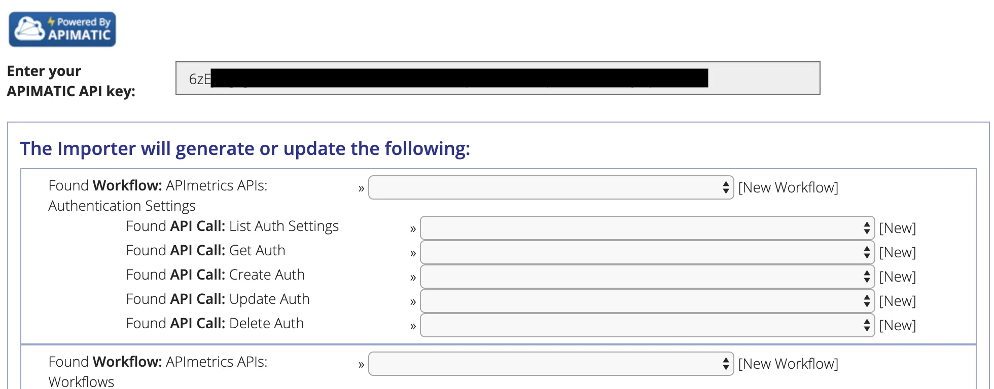 Importer preview listing workflows and API calls to generate, each with a dropdown to create new or overwrite existing
