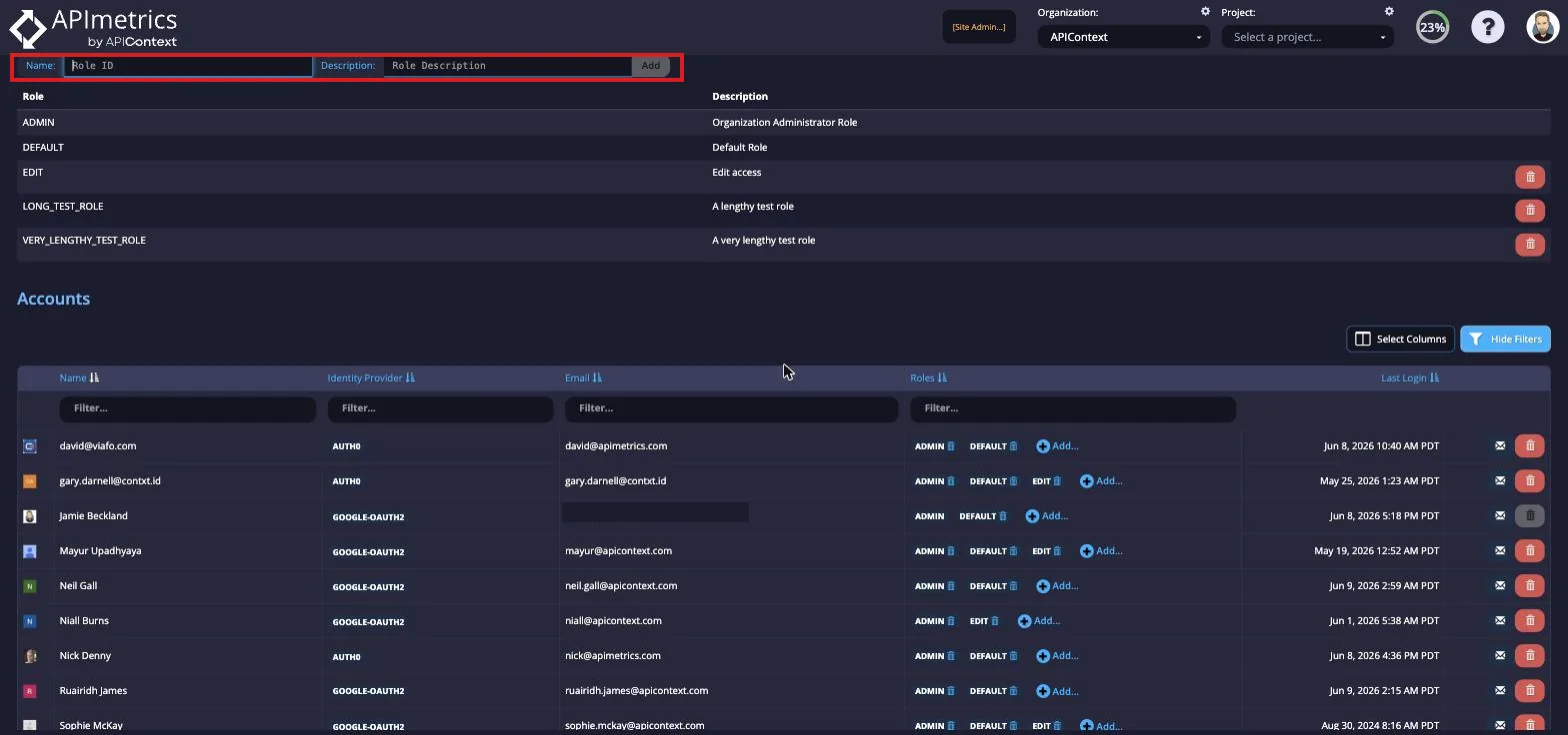 Add Role form with Name and Description fields and an Add button to create a new role