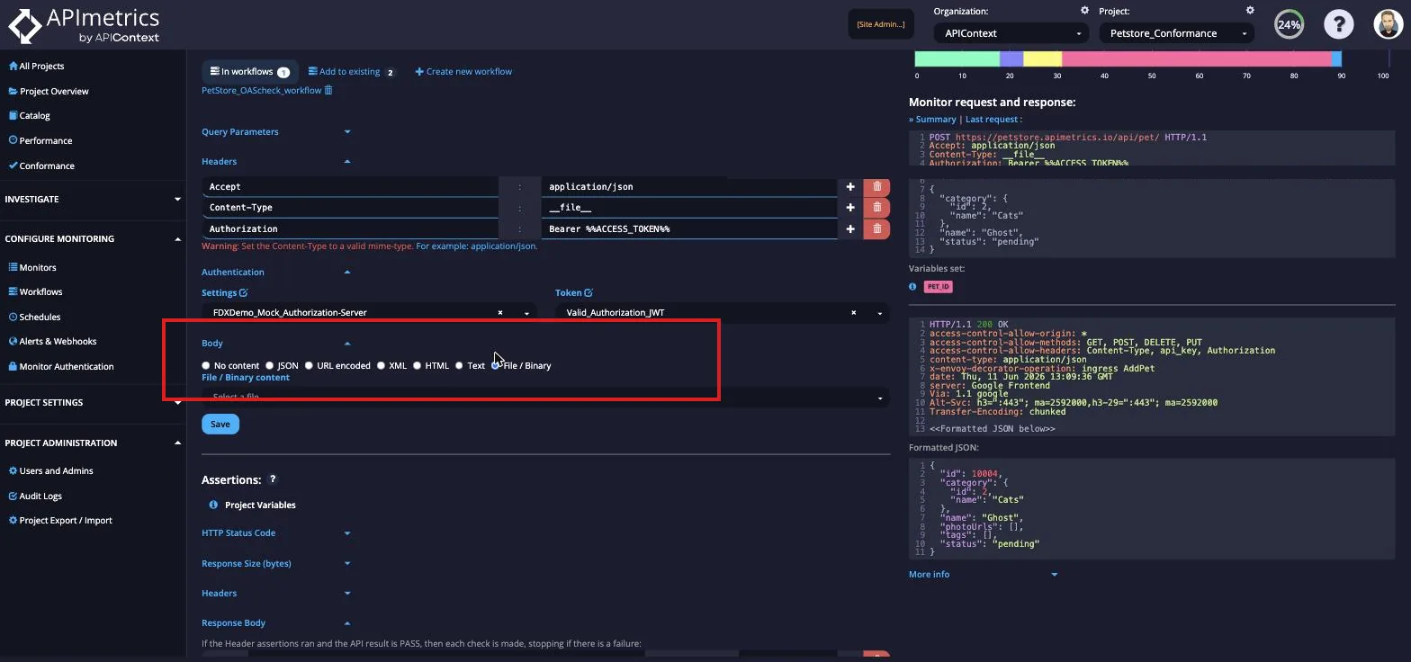 Monitor editor Body section with the Content Type set to File / Binary, exposing the file picker