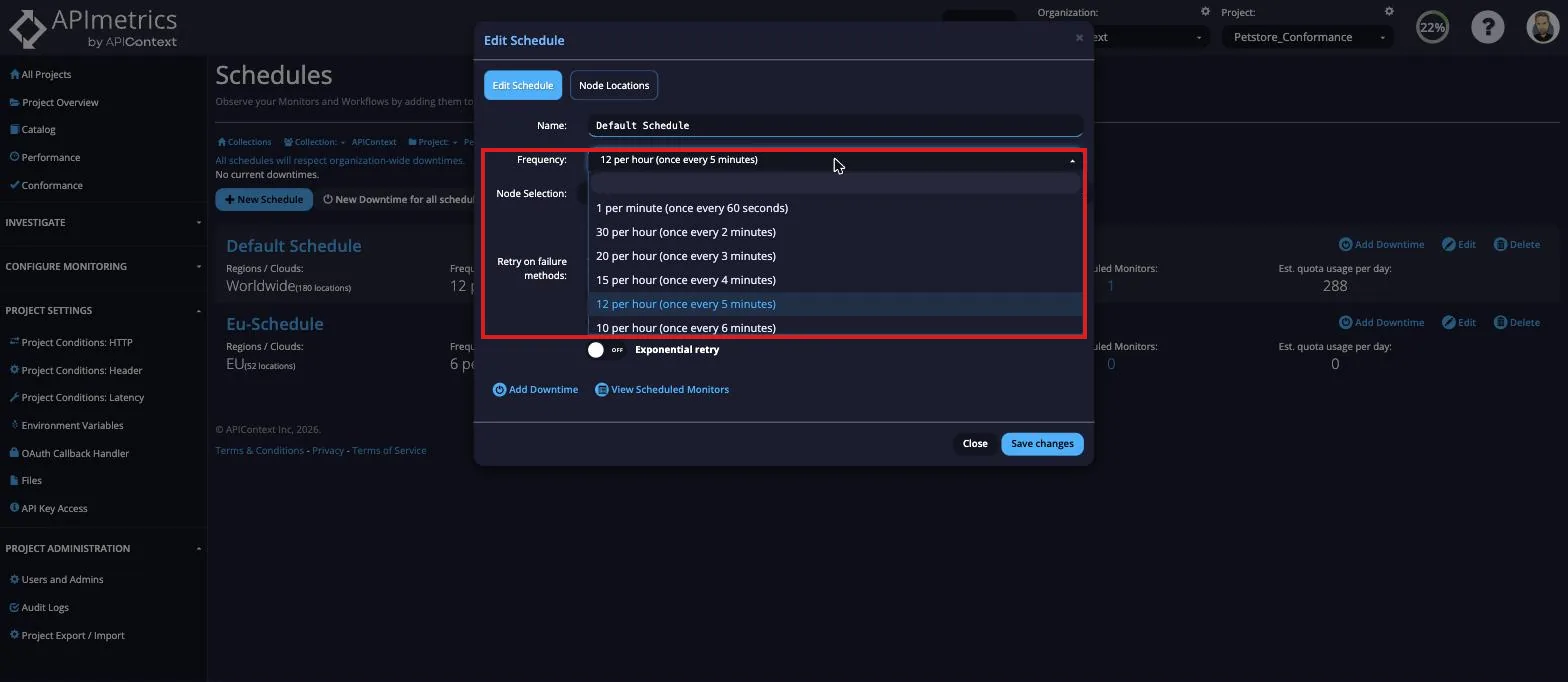 Edit Schedule dialog with the Frequency dropdown open listing call intervals from once per minute to once every 6 minutes
