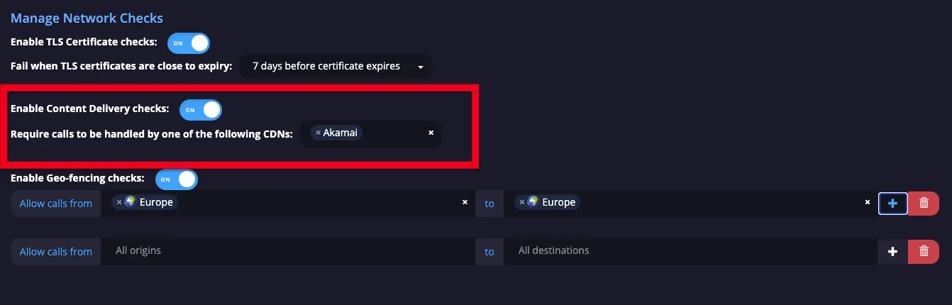 Conformance network checks settings with the Content Delivery check enabled and approved CDNs selected