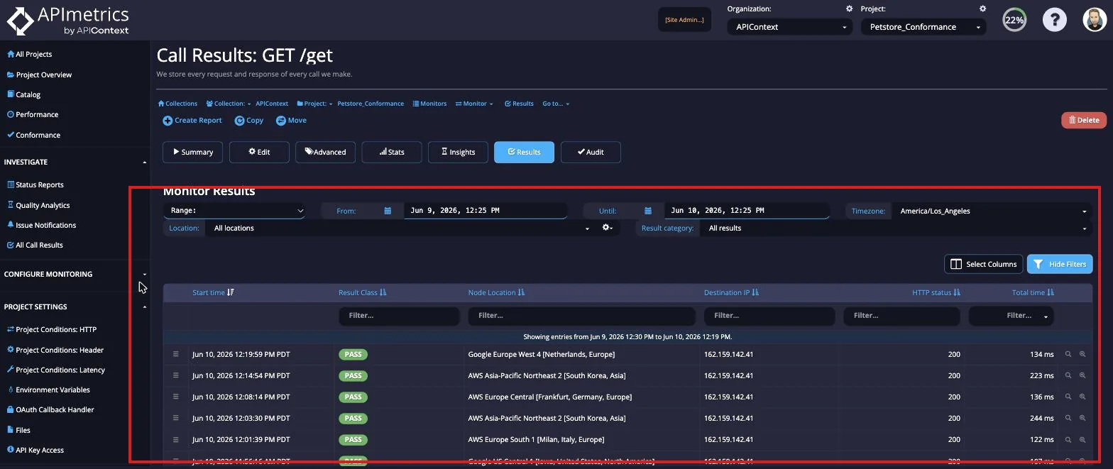 Call Results view showing a list of PASS results for GET /get across multiple global locations, with HTTP 200 status and latency per run