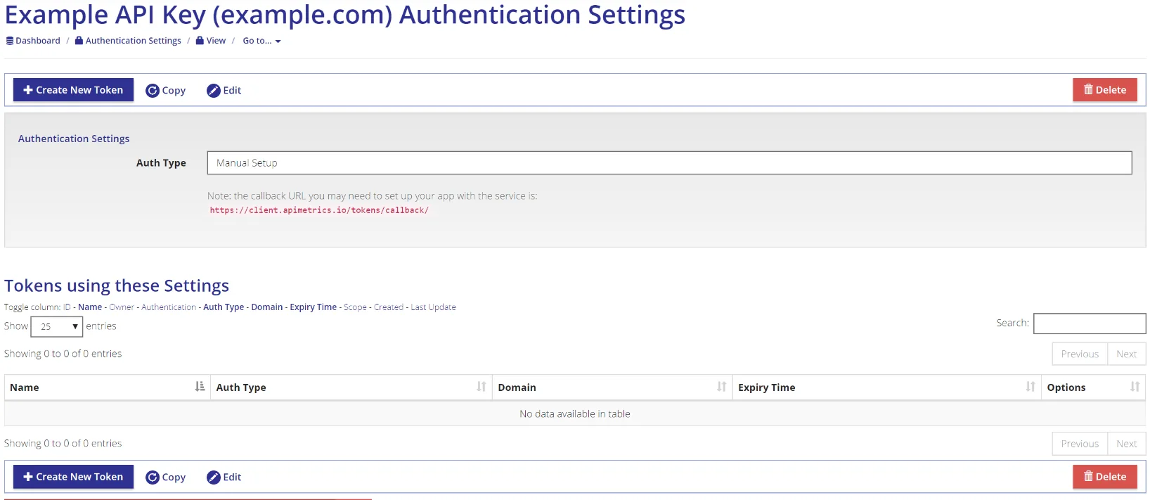 Saved Example API Key auth setting set to Manual Setup, with no tokens yet and a Create New Token button