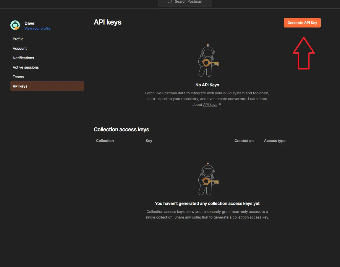 Postman API keys page with no keys yet and an arrow pointing to the Generate API Key button