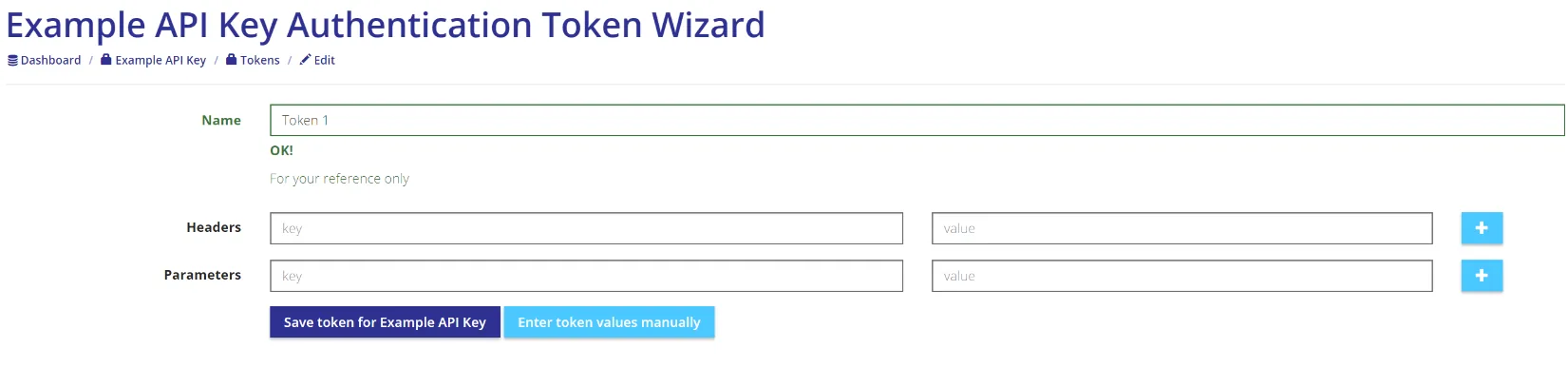 Token wizard for the API key setting with header and parameter key-value fields to place the API key