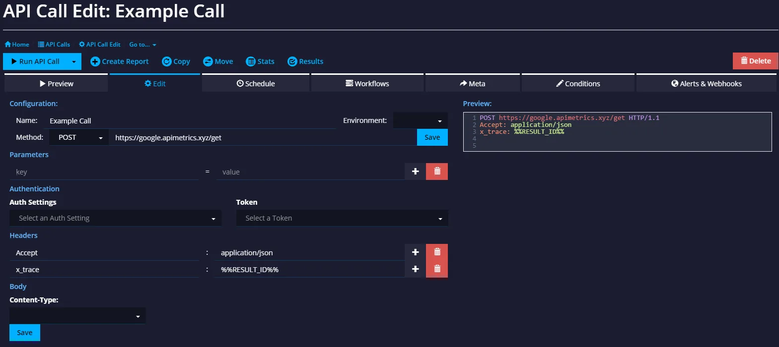 API Call Edit with an x_trace header set to %%RESULT_ID%% and the preview pane showing it resolved in the request