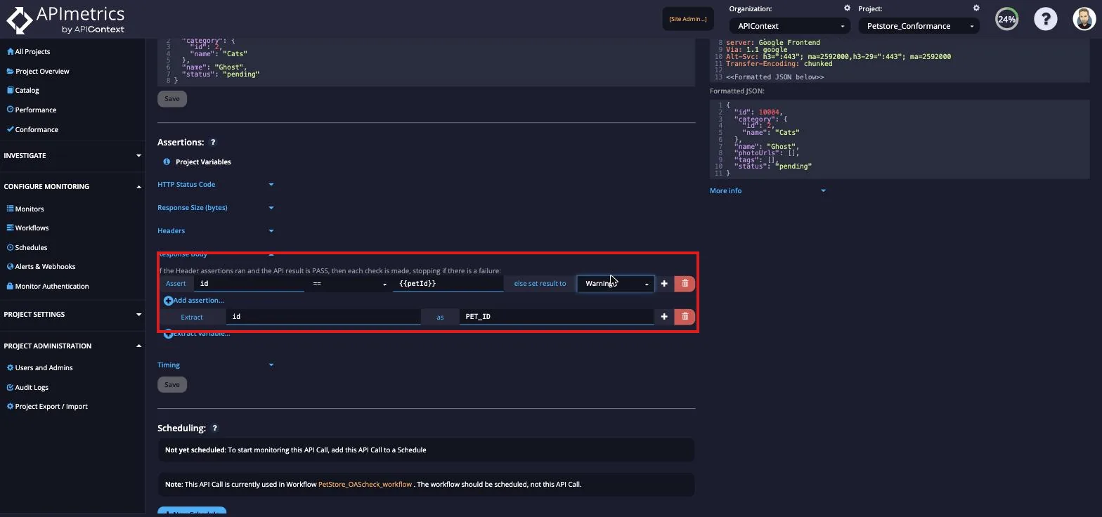 Conditions tab assertion row with assert and extract fields and an event handler setting the result to Warning