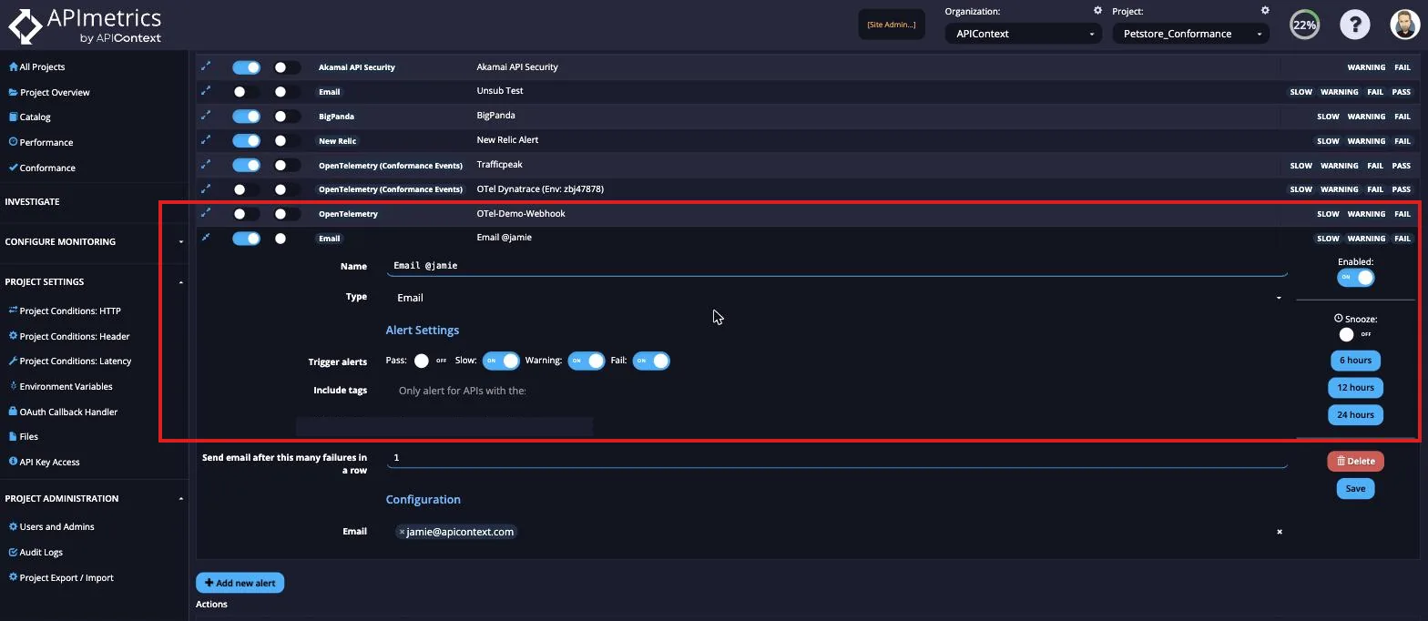 New alert form expanded in the project Alerts and Webhooks list, naming the alert and setting trigger conditions
