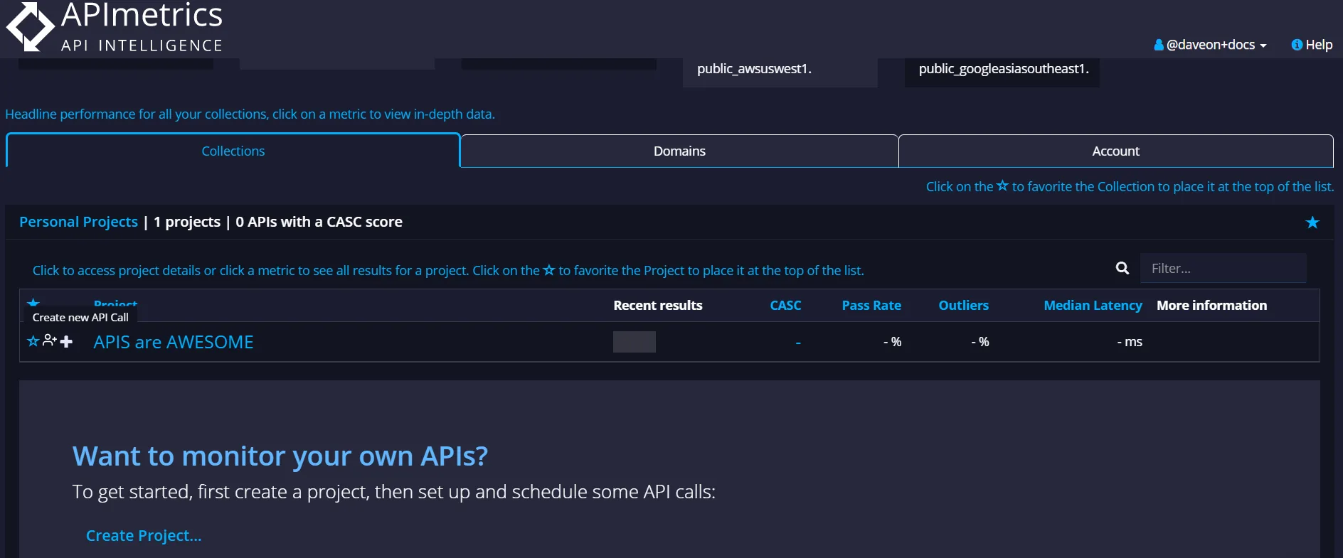 Collections page Personal Projects list with the Create new API Call tooltip and Create Project link