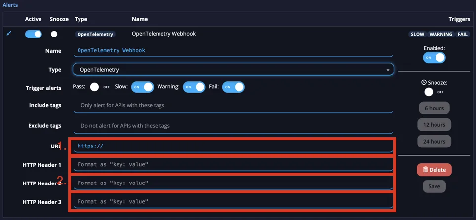 APImetrics OpenTelemetry alert editor highlighting the URL and HTTP Header fields to complete