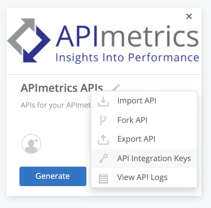 APIMATIC API card menu open with API Integration Keys highlighted among Import, Fork, Export and View Logs options