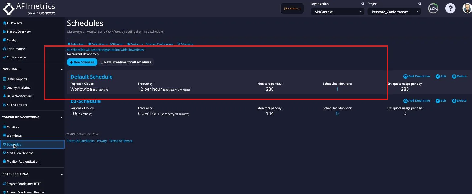 Schedules page showing the Default Schedule (Worldwide, 12/hr) and Eu-Schedule (EU, 6/hr)