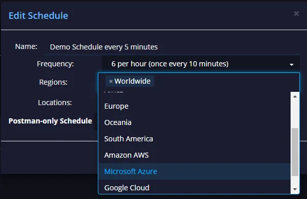 Edit Schedule dialog with the Regions dropdown open showing continents and cloud providers like Amazon AWS and Microsoft Azure