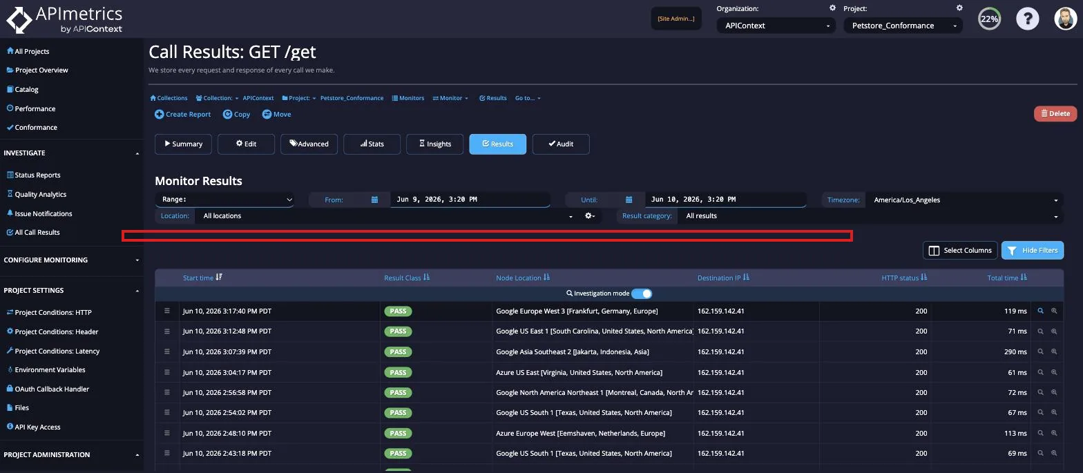 Investigation mode showing the call results immediately before and after the selected issue