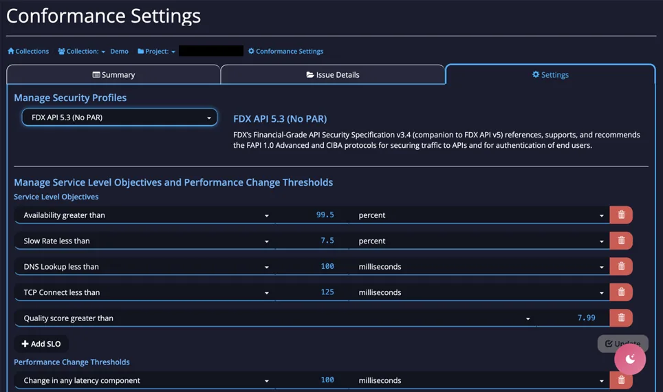 Conformance Settings showing Service Level Objectives and performance change thresholds relocated from Performance