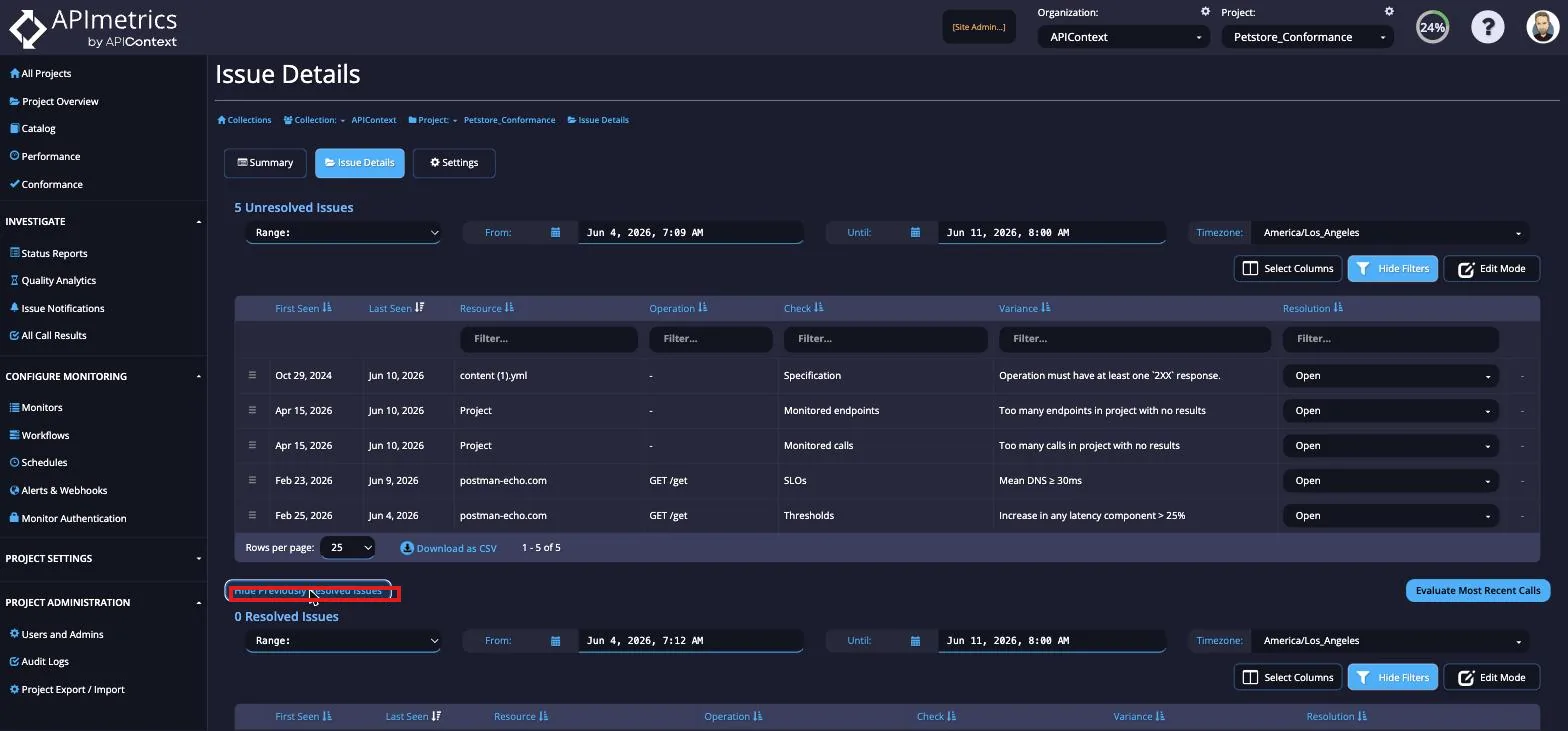 Issue Details page with the Show Previously Resolved Issues button highlighted below the table