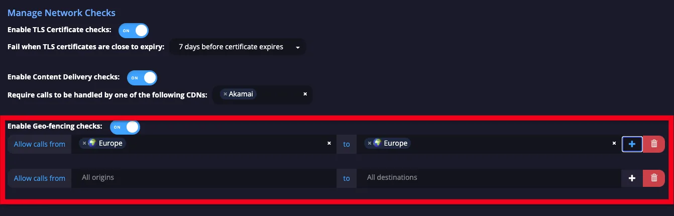 Conformance network checks settings with the Geo-fencing check enabled and allowed-location constraints