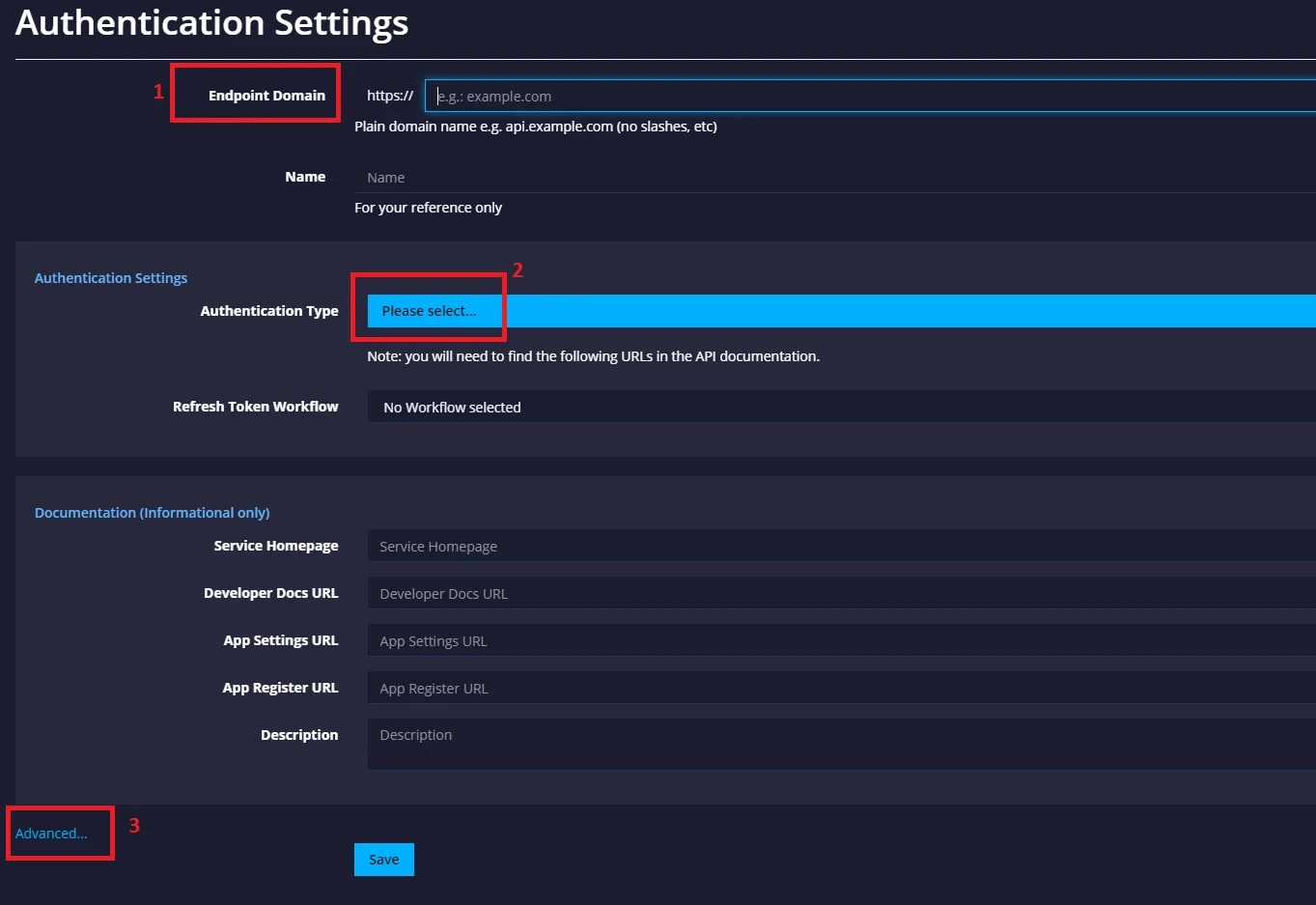 New authentication form highlighting the Endpoint Domain, Authentication Type, and Advanced settings to configure