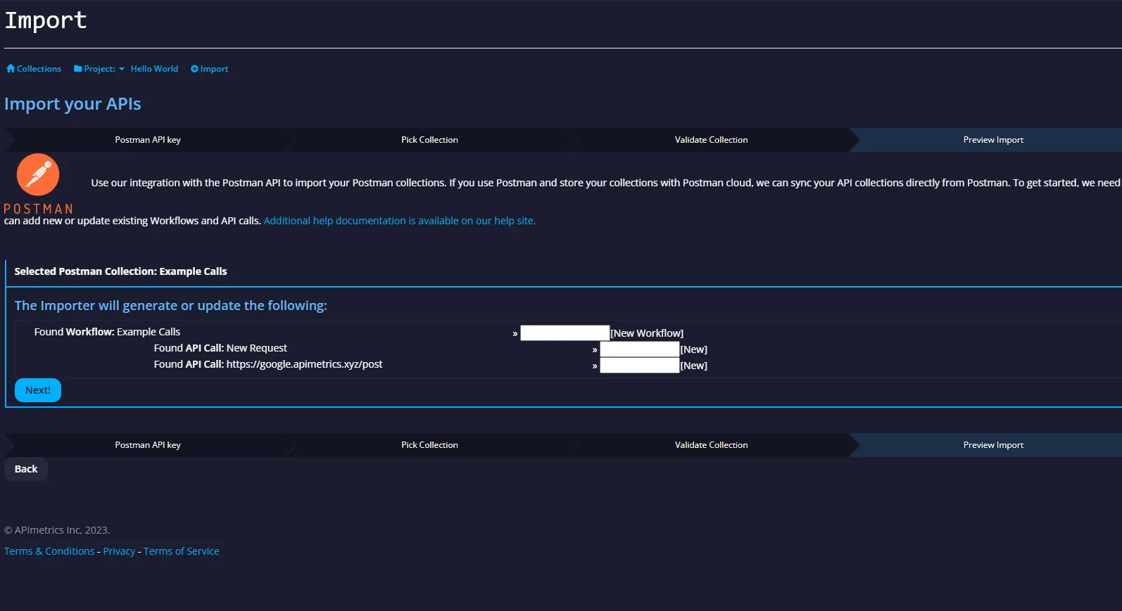 Preview Import step showing the workflow and API calls to be created or mapped to existing project calls