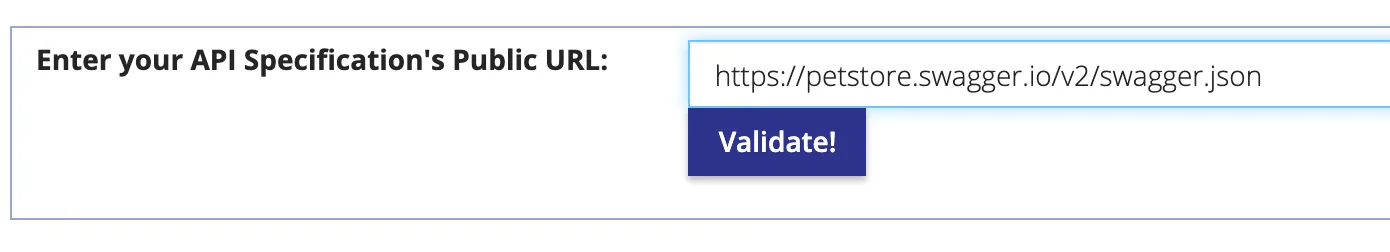 Importer field to enter your API specification public URL, prefilled with the Swagger Petstore JSON, and a Validate button