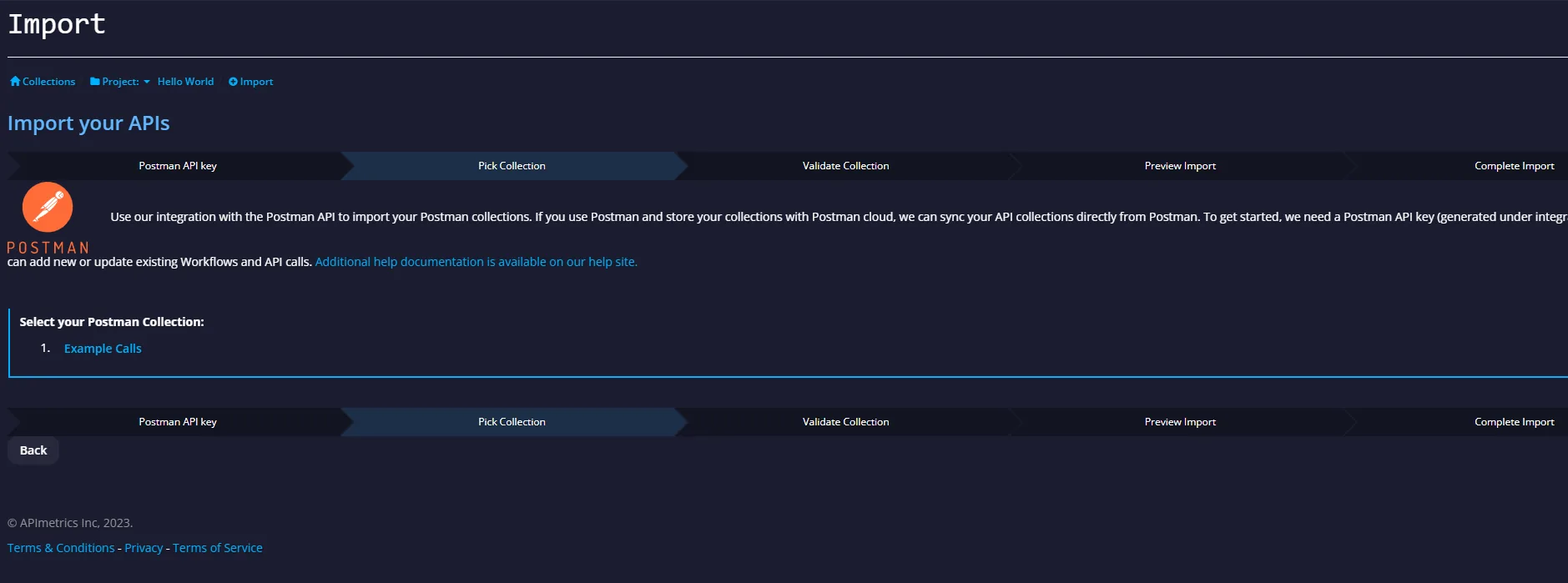 Pick Collection import step listing the synced Postman collection Example Calls to select