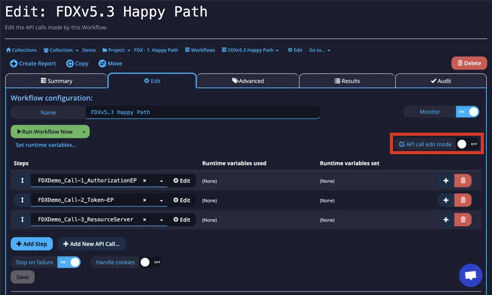 Edit Workflow page with the API call edit mode toggle highlighted for quick monitor editing