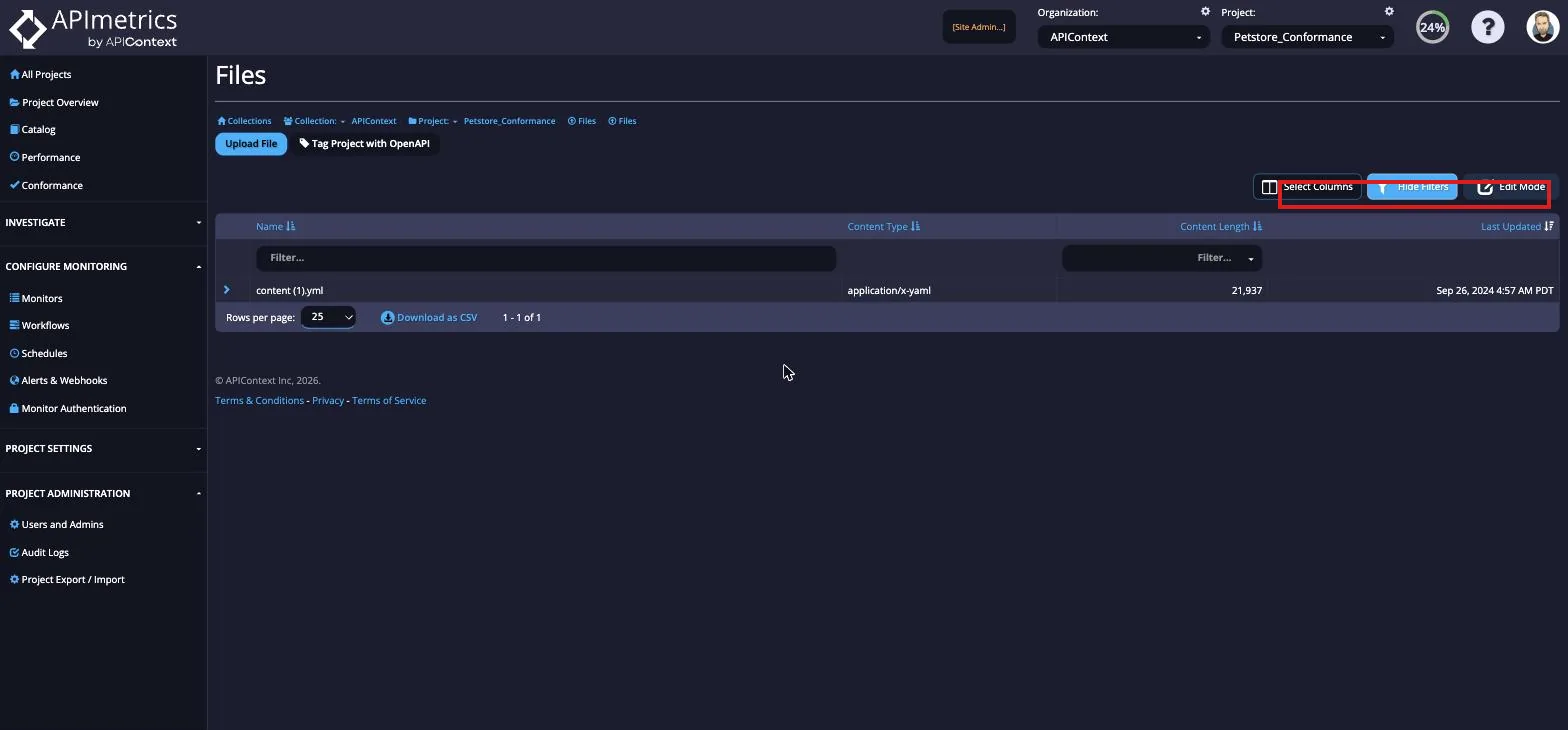 Files link under the Advanced section showing the Upload File button used to add files for monitor requests