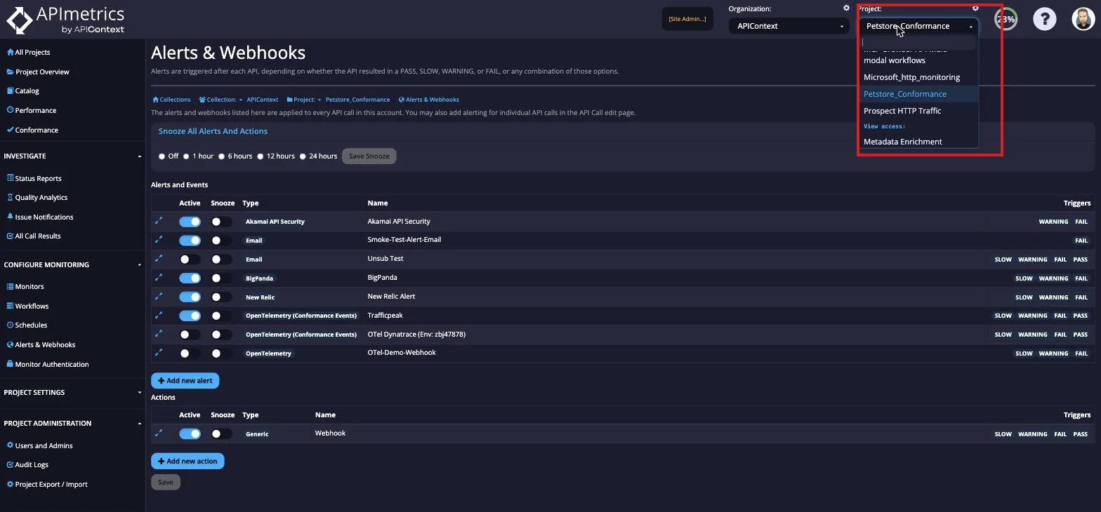Top-right project picker dropdown expanded to list the projects the user can access