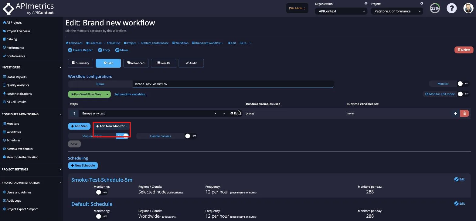 Edit Workflow page with the Add New Monitor button highlighted to create a monitor within the workflow