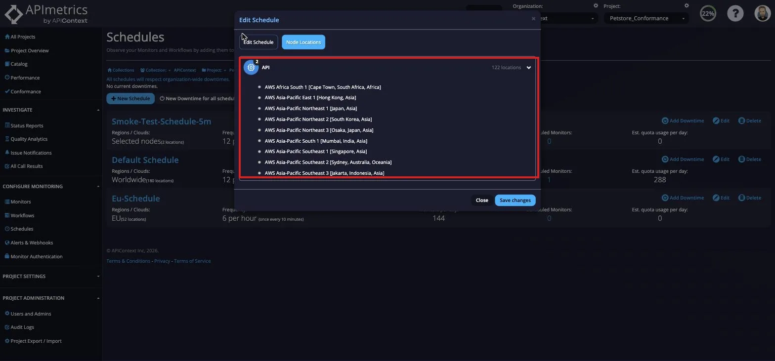 Edit Schedule Node Locations tab listing individual AWS regions to select specific locations