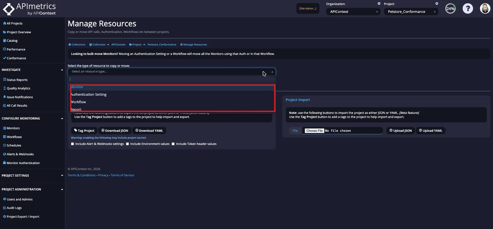 Manage Resources resource type dropdown open showing Monitor, Authentication Setting, Workflow, and Report options