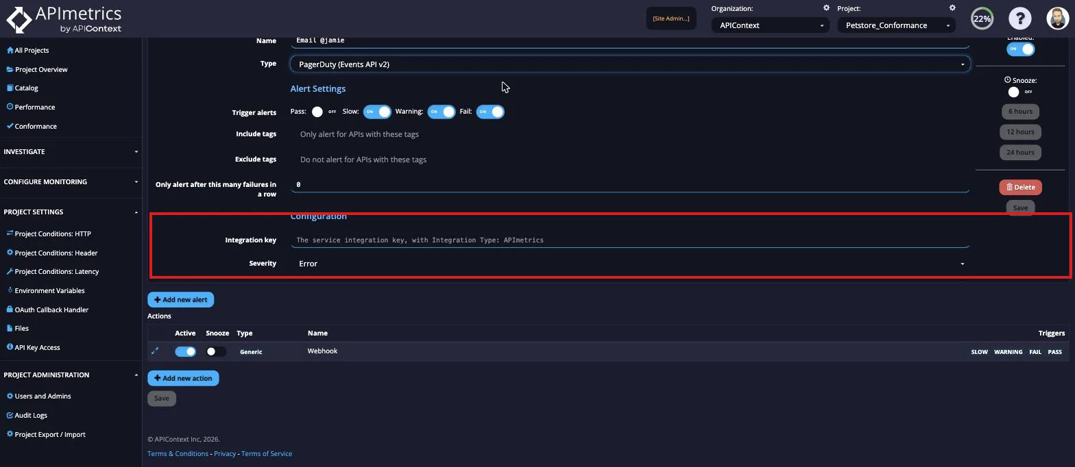 PagerDuty alert configuration with the Integration key and Severity fields highlighted