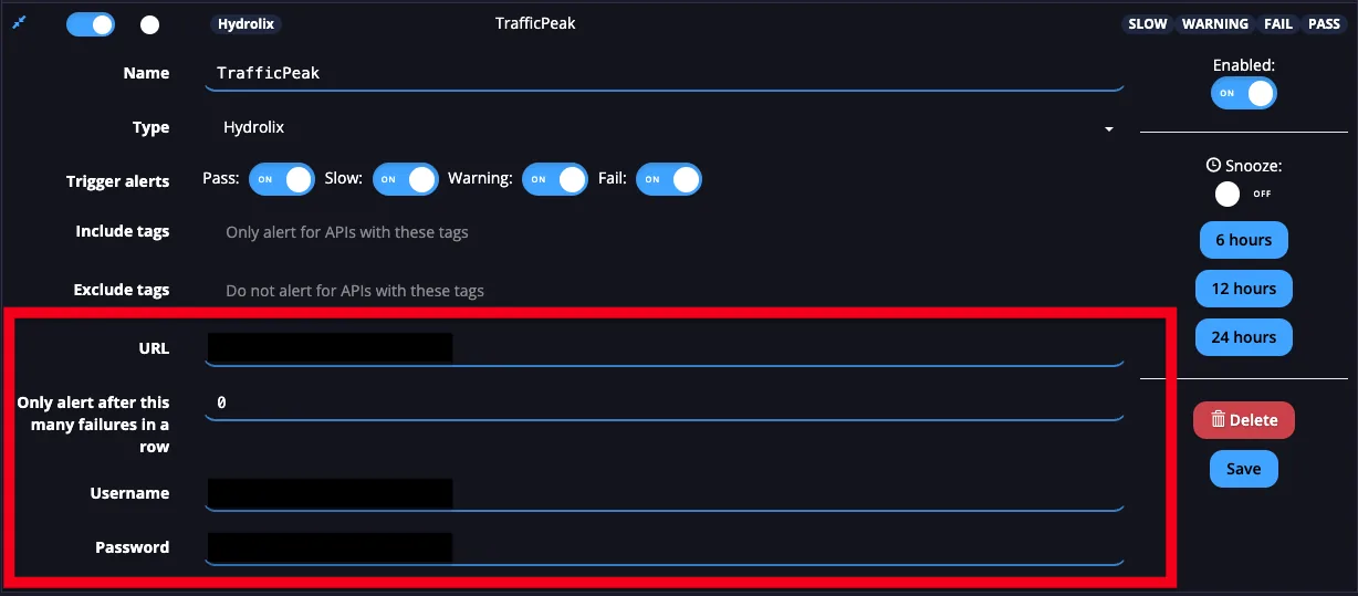 APImetrics TrafficPeak alert editor highlighting the URL, Username and Password fields to complete