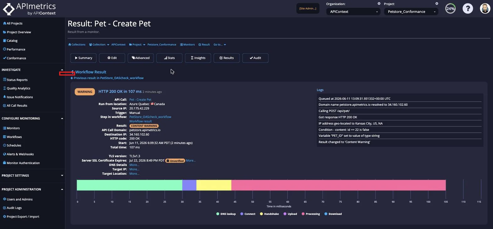 Individual monitor result for a workflow step showing call details and a timing breakdown bar
