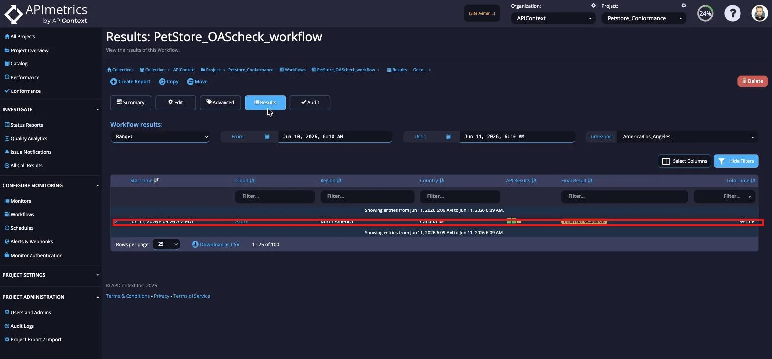 Workflow Results tab summarizing executions by start time, cloud, region, country, and final result