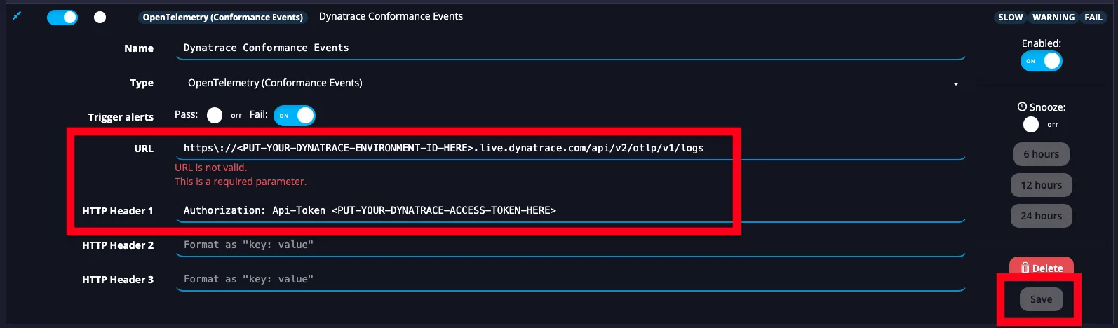 APImetrics Dynatrace alert editor with the OTLP logs URL and Authorization HTTP header entered and the Save button highlighted