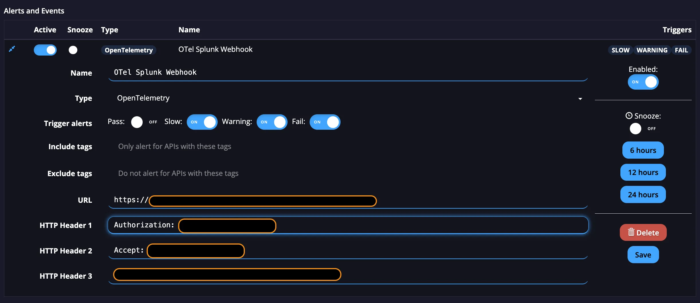 APImetrics OpenTelemetry alert editor with the URL and HTTP headers filled in, ready to save