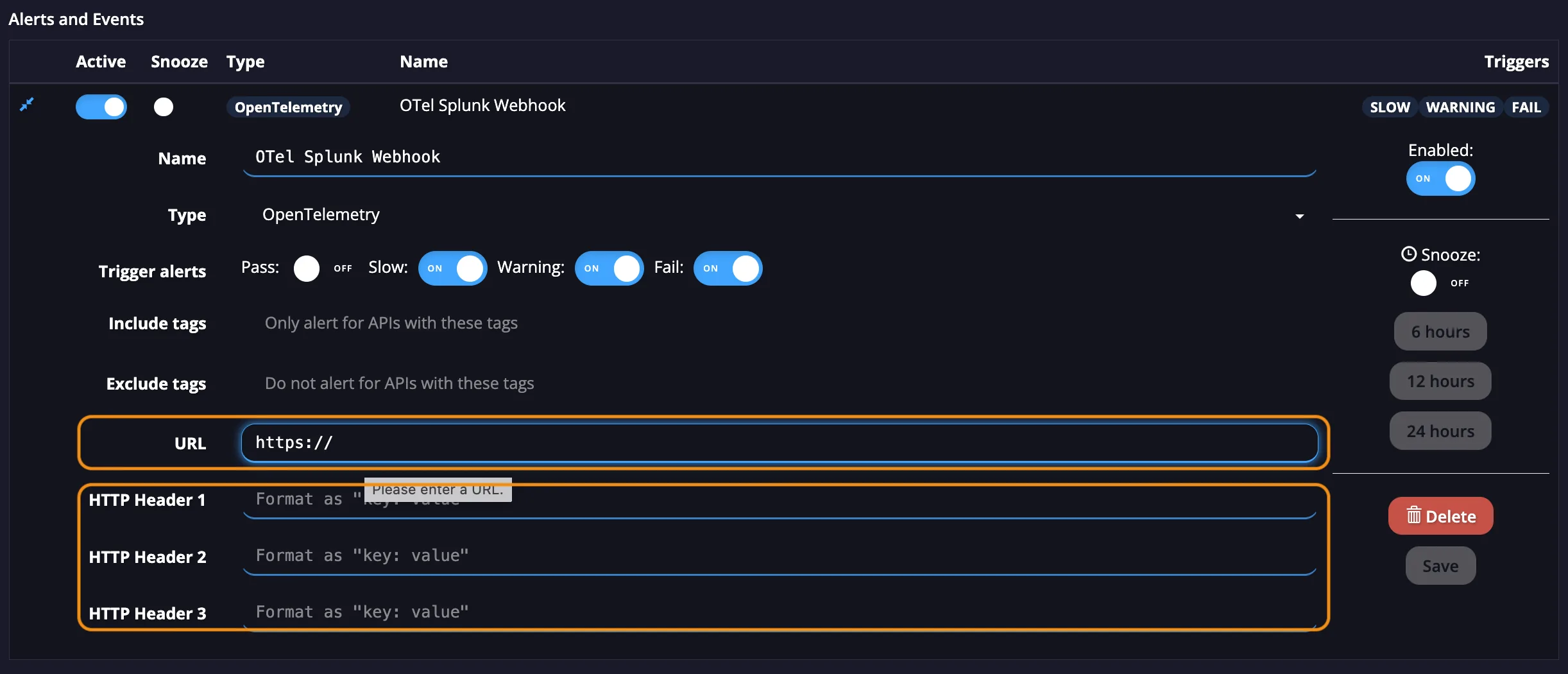 APImetrics OpenTelemetry alert editor highlighting the URL and HTTP Header fields to complete