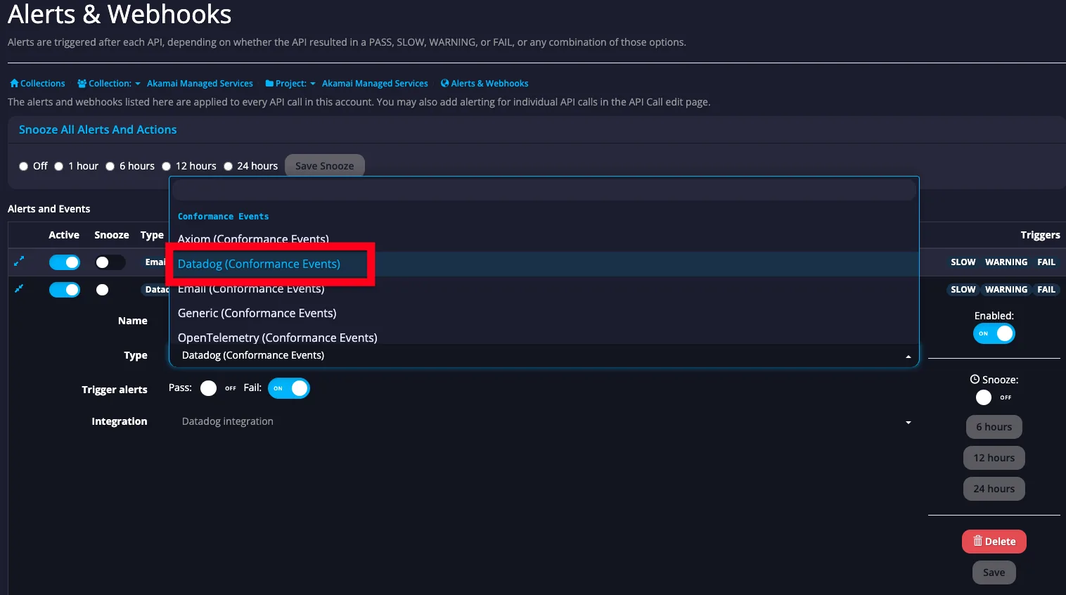 APImetrics alert editor with the Type dropdown open and Datadog (Conformance Events) highlighted