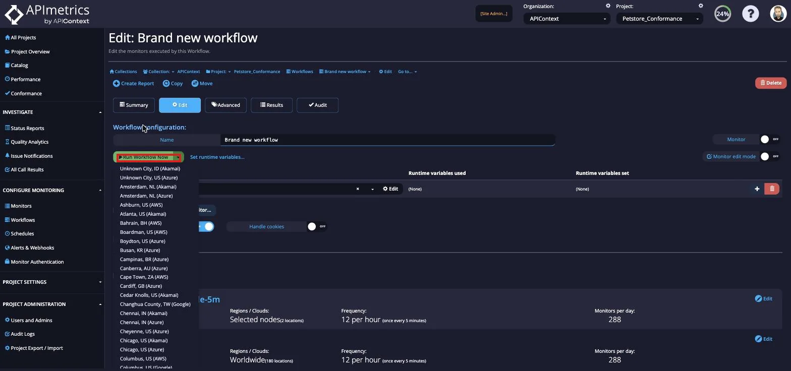 Run Workflow Now dropdown open listing agent locations to run the workflow from