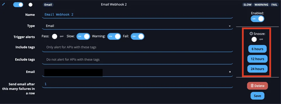 Email webhook with the Snooze options for 6, 12, and 24 hours highlighted on the right