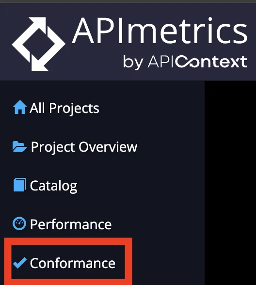 APImetrics sidebar with the Conformance tab highlighted for triggering a manual conformance check