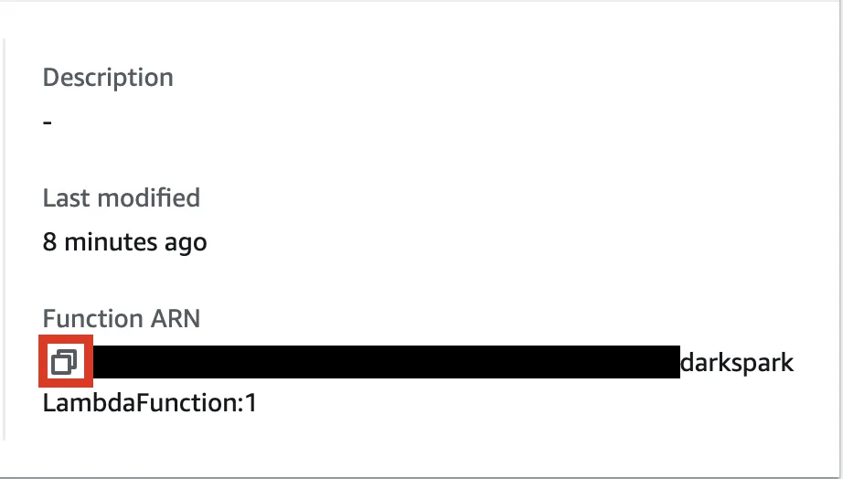 Function ARN ending in :1 with the copy-to-clipboard icon highlighted