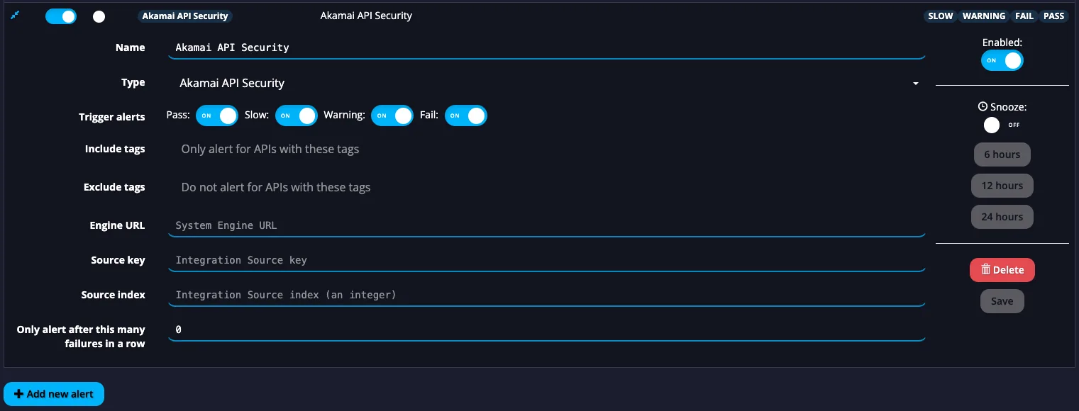APImetrics Akamai API Security alert editor with Engine URL, Source key and Source index fields to complete